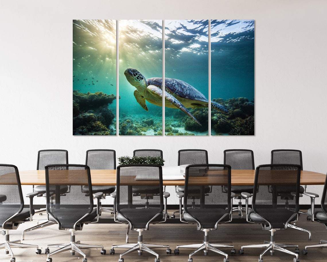 Green Sea Turtle Swimming Underwater Sun Rays Coral Reef Poster - Image 4