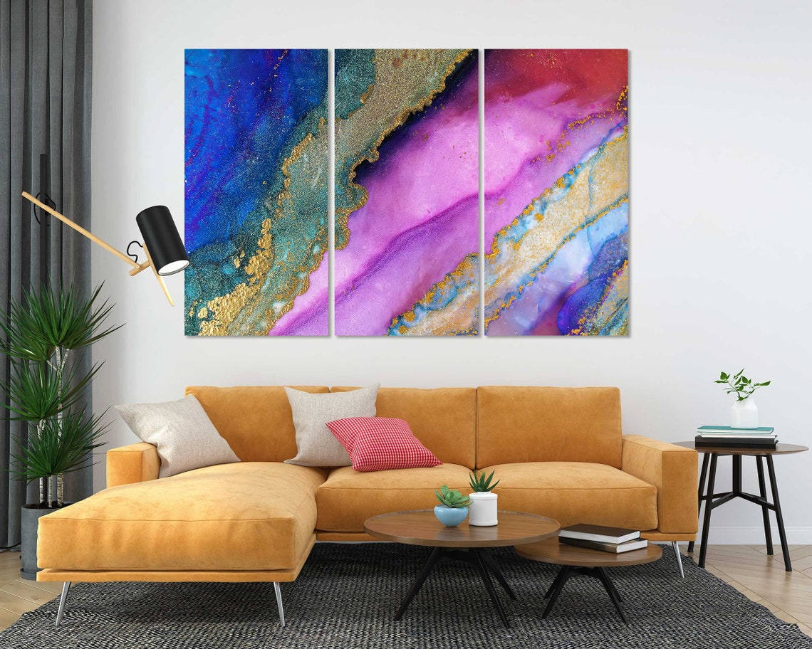 Purple Pink Blue Gold Diagonal Marble Ink Flow Wall Art Poster - Image 5