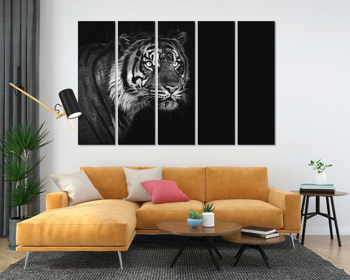 Black and White Tiger Face Dark Background Dramatic Wall Poster - Image 4