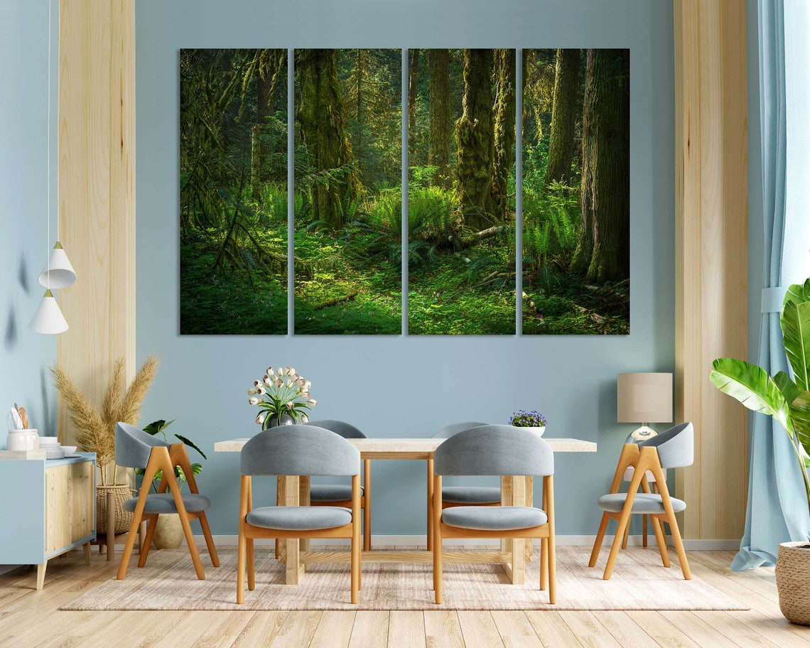 Lush Green Tropical Forest Sunlight Through Mossy Trees Wall Art - Image 3