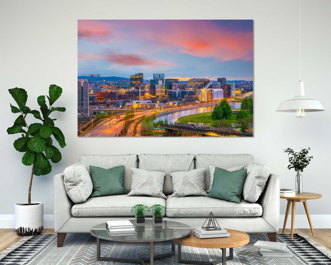 Oslo Norway Night Cityscape With Pink Sunset Sky Harbor Lights Poster - Image 7