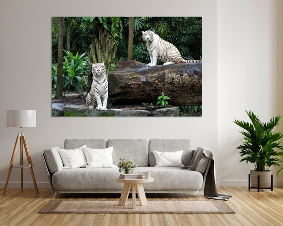 White Bengal Tigers Jungle Rocks Wildlife Photography Wall Decor Poster