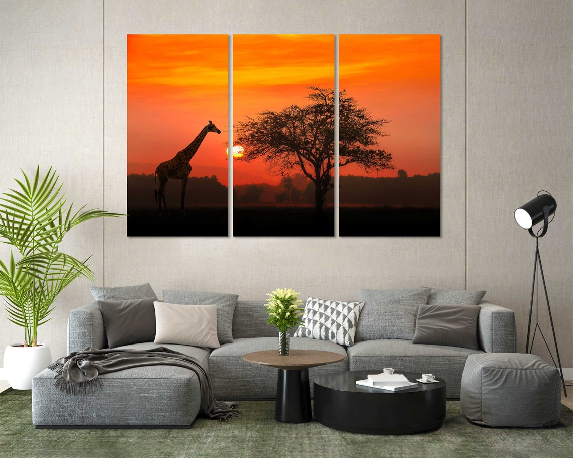Giraffe Silhouette At Red Sunset With Acacia Tree Safari Poster - Image 7