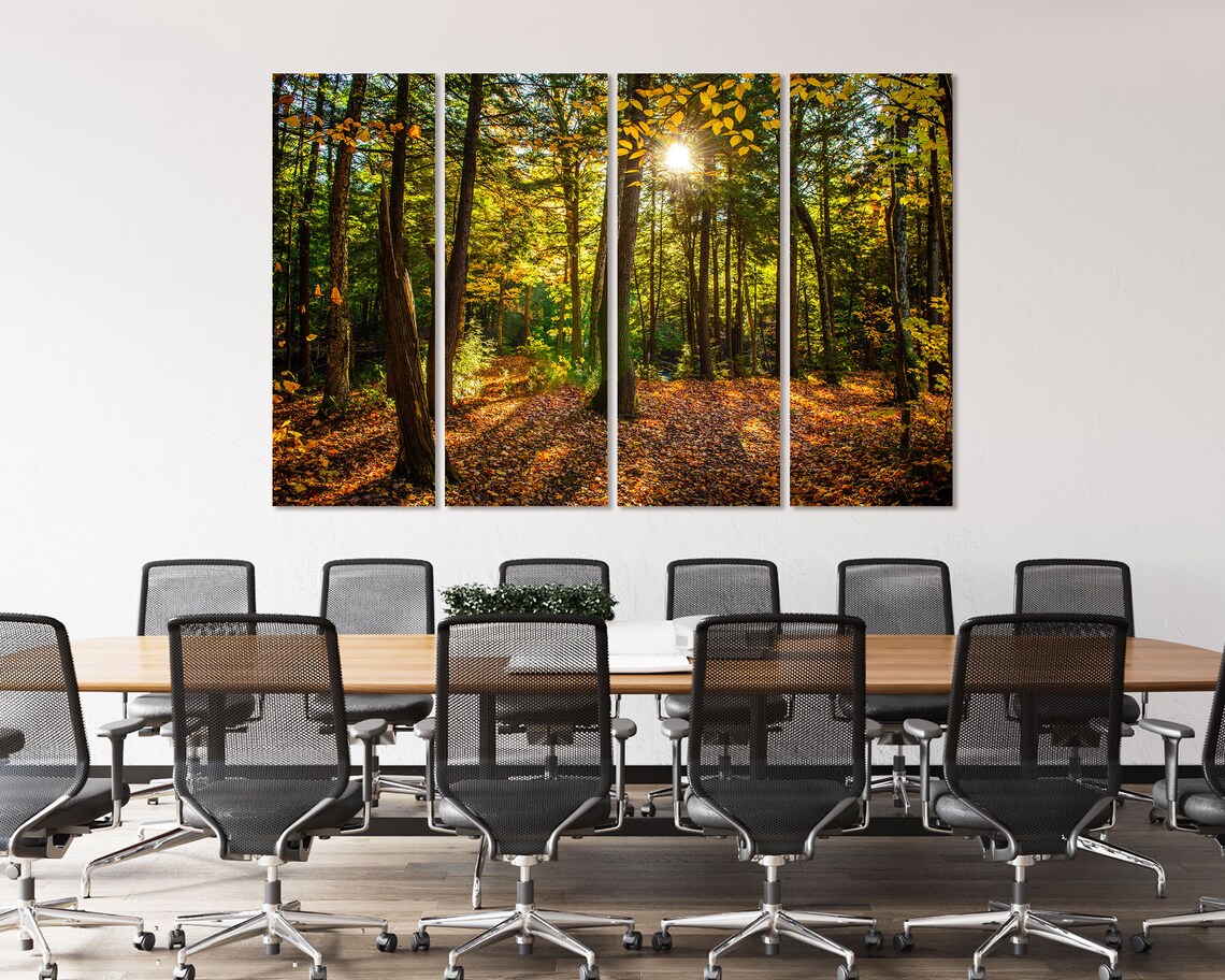 Sunlit Autumn Forest with Golden Leaves Carpet Woodland View Poster - Image 4