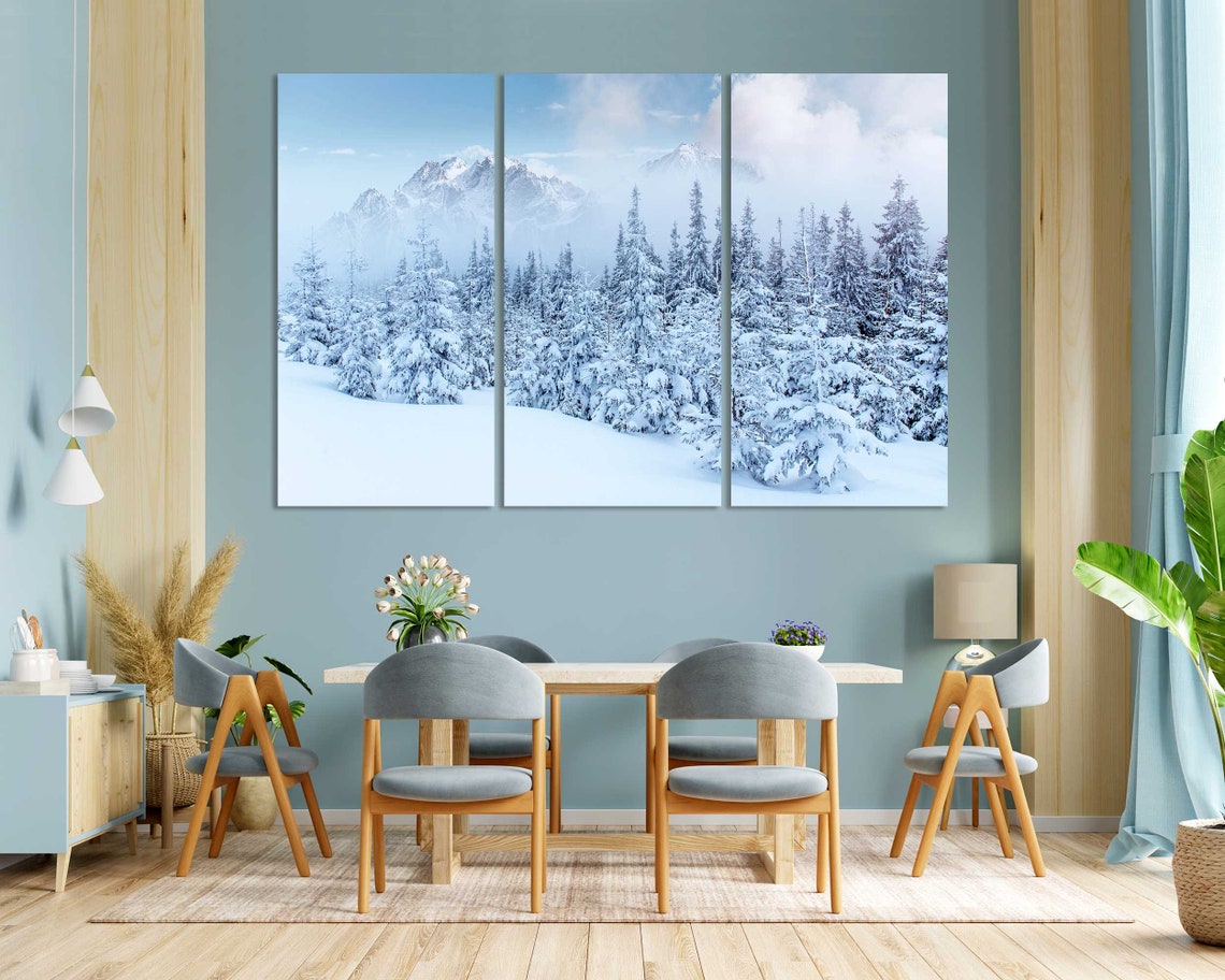 Snowy Mountain Forest Winter Landscape Blue 3 Panel Split Poster