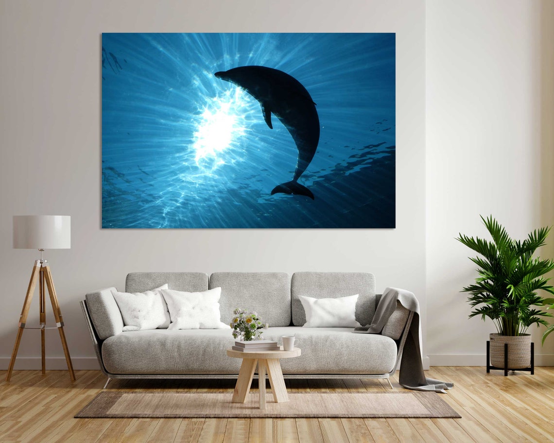 Dolphin Silhouette Leaping Under Sunbeams Ocean Blue Wall Poster
