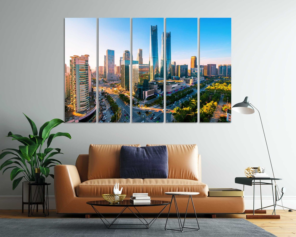 Modern Twin Towers Downtown Skyline Golden Sunset 3 Panel Wall Art - Image 6
