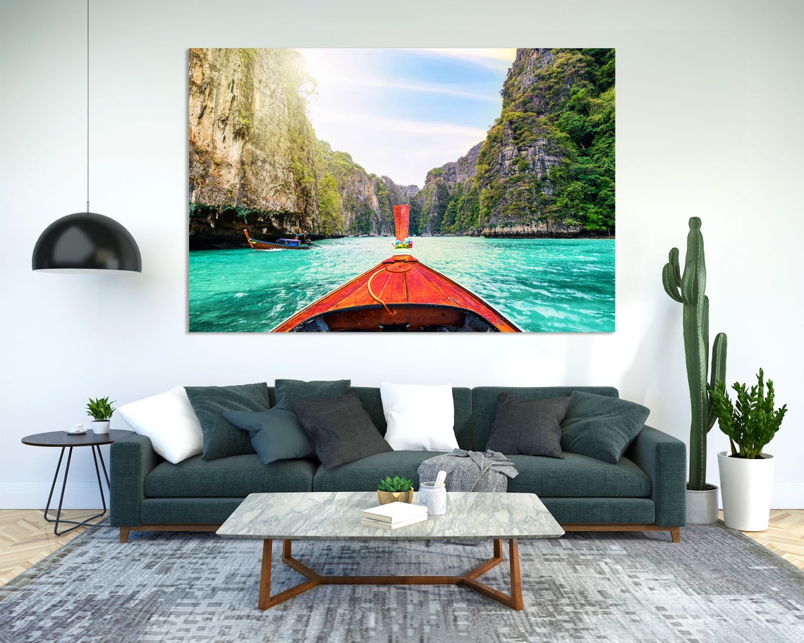 Longtail Boat Turquoise Lagoon Limestone Cliffs Tropical Travel Poster - Image 2