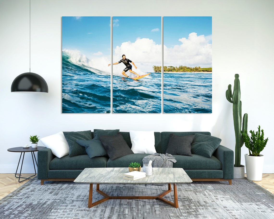 Surfer Riding Ocean Wave Sunny Blue Day Coastal Surfing Art Poster - Image 2