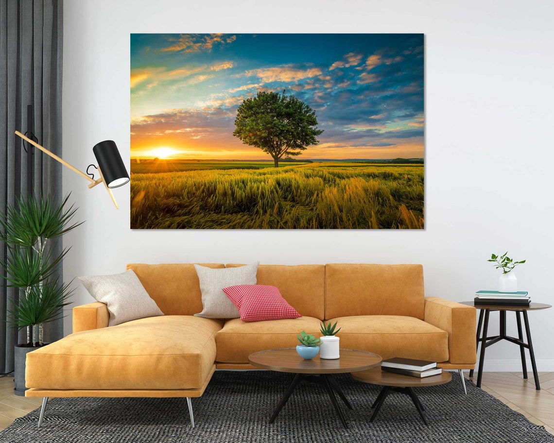 Lone Tree Golden Wheat Field Sunset Dramatic Clouds Nature Poster - Image 2