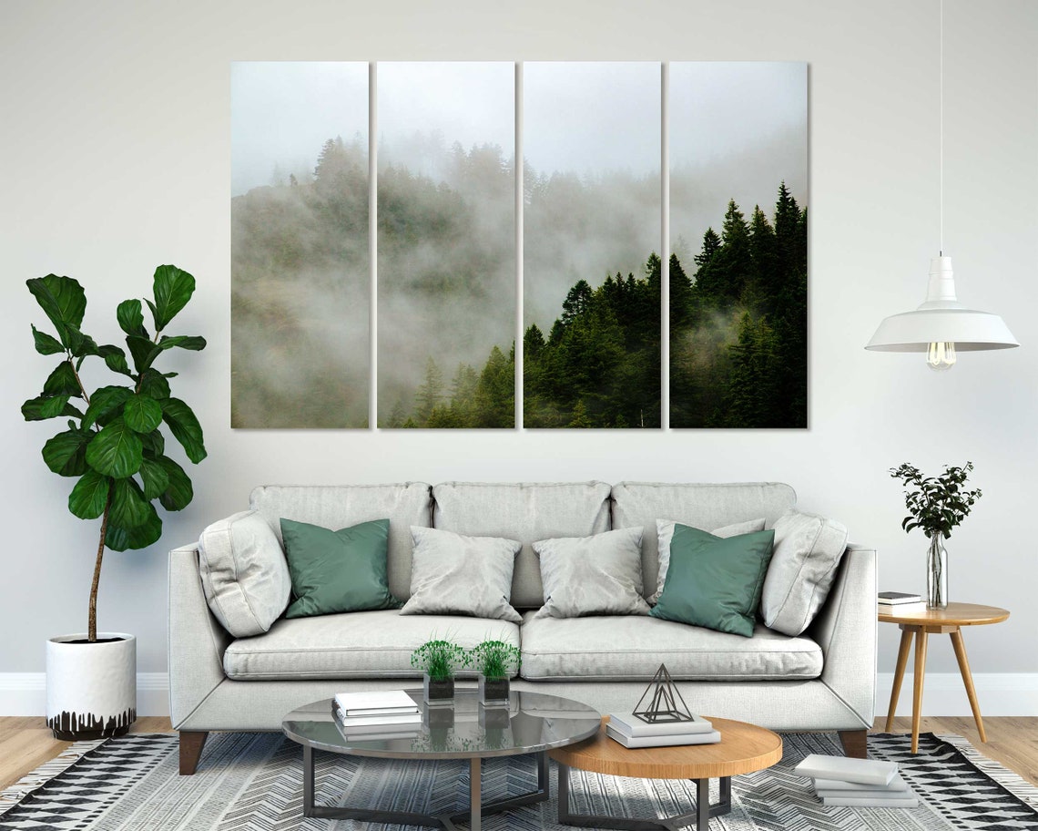 Misty Evergreen Forest In Fog Triptych Moody Pine Trees Wall Poster - Image 3