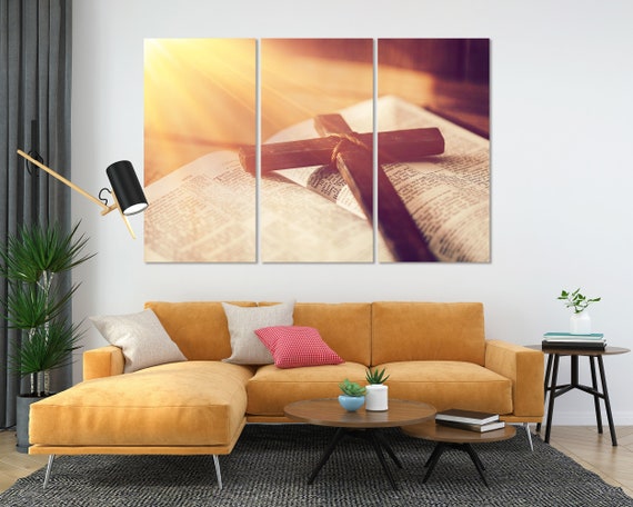 Classical Wooden Christian Cross On The Open Bible Pictures Art Print On Religion Decor For Wall Bible Art For Home Decor