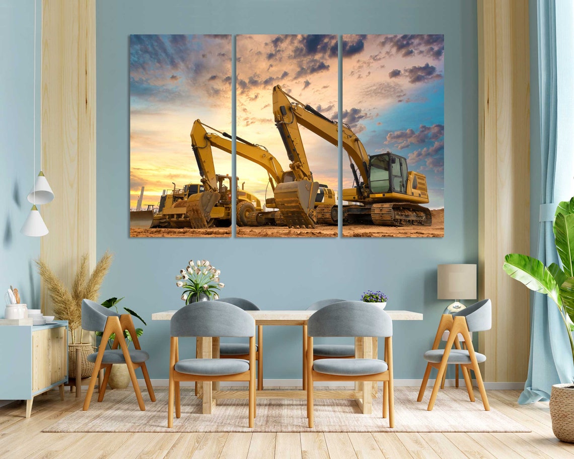 Yellow Excavators Construction Site Sunset Machinery Office Poster - Image 3