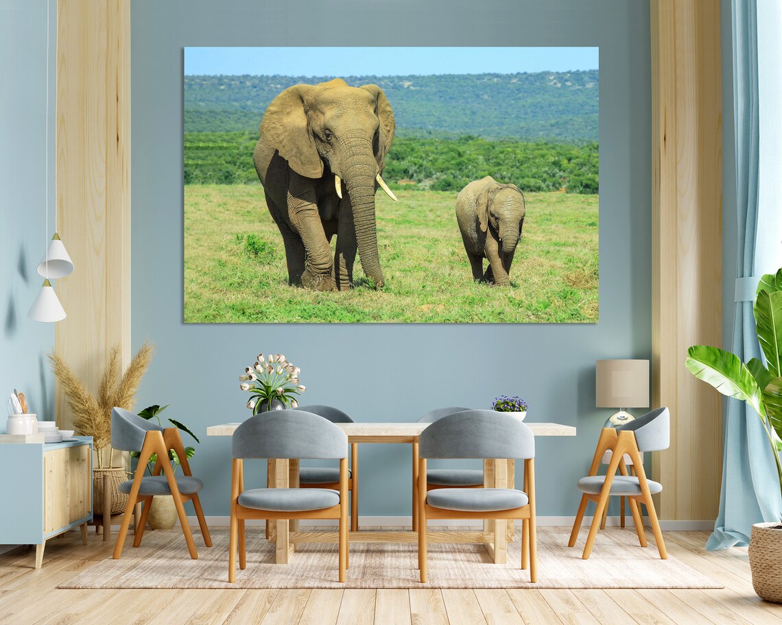 African Elephant Mother Calf Green Savanna Wildlife Safari Wall Decor Poster - Image 3