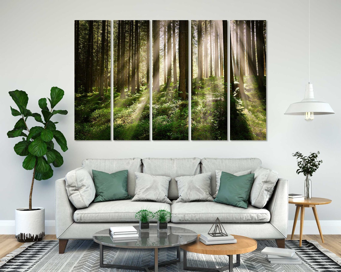 Sunlight Rays Through Tall Forest Trees Three Panel Nature Poster - Image 8