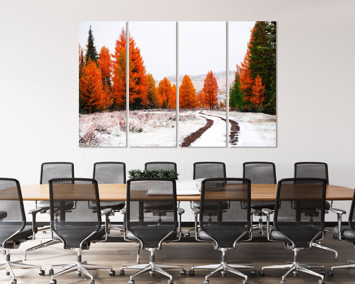 First Snow In Autumn Forest Orange Larch Trees Winter Path Poster - Image 4