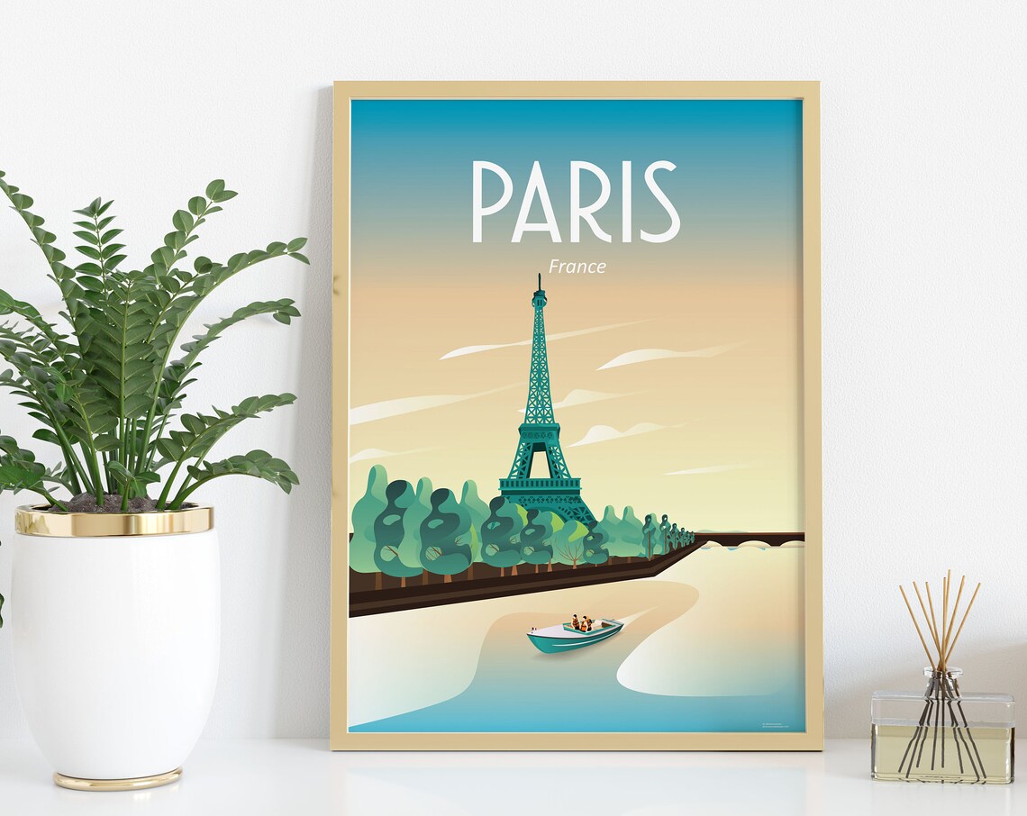 Paris France Eiffel Tower Seine Boat Pastel Romantic Travel Poster