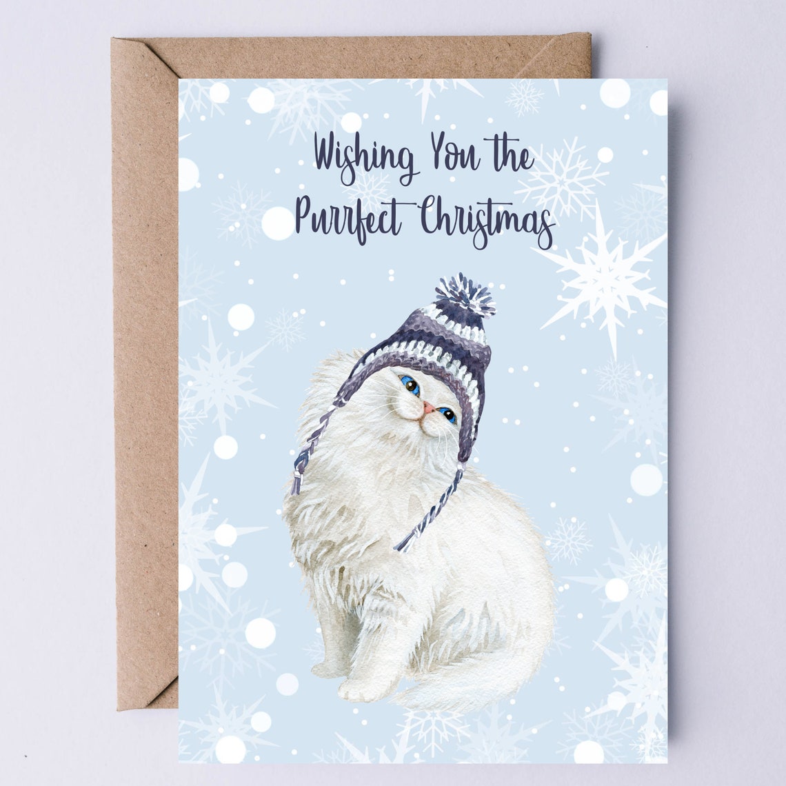 Purrfect Christmas Fluffy White Kitten Winter Hat Cat Lover Card