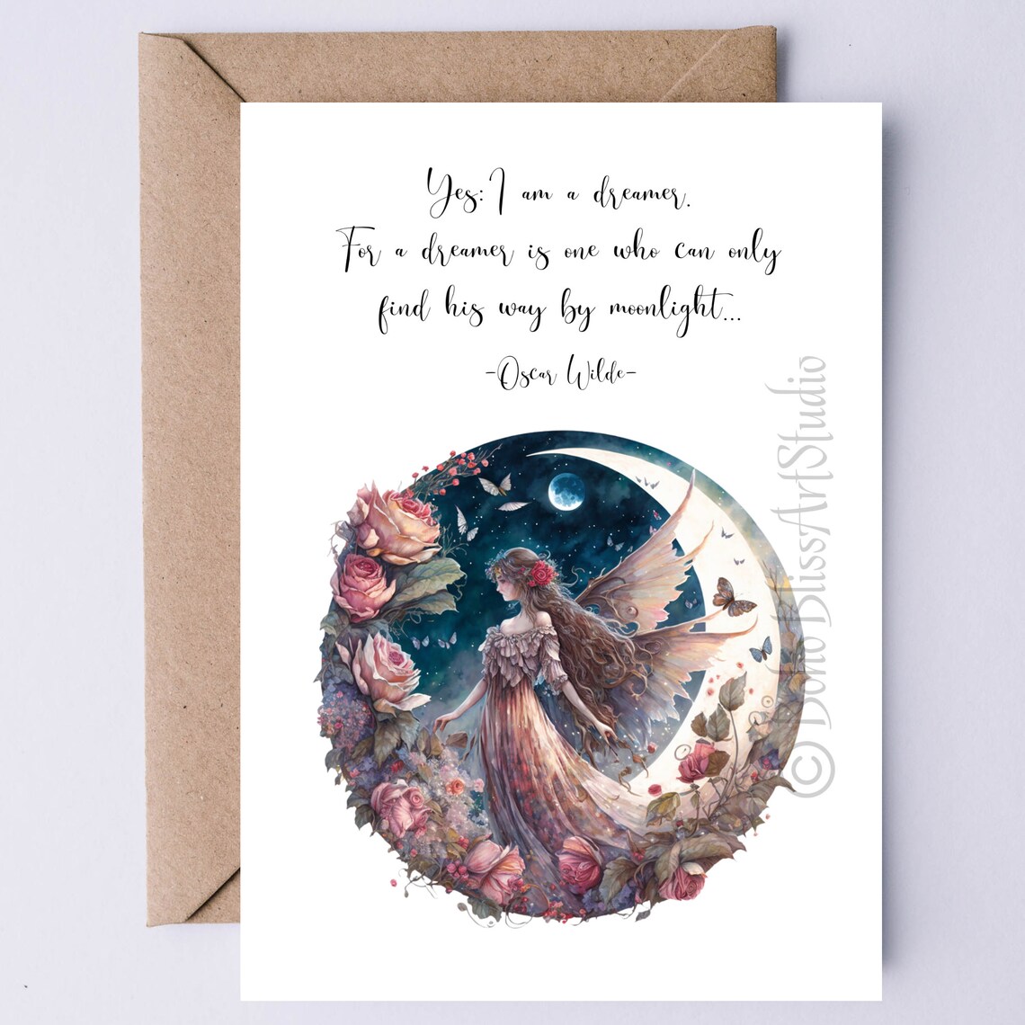 Oscar Wilde Dreamer Moonlight Quote Fairy Roses Watercolor Card Print
