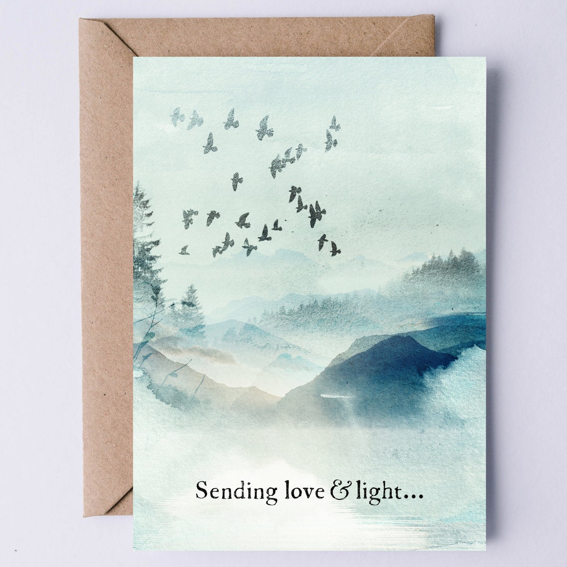 Sending Love And Light Sympathy Card Misty Birds Mountain Nature Print