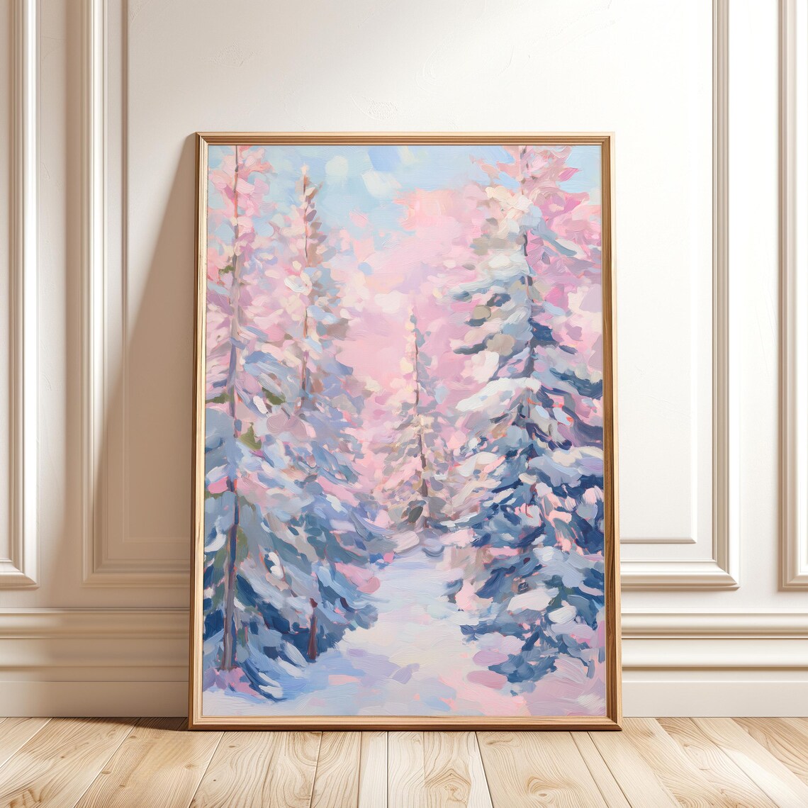 Pastel Winter Forest Art Print, Snow Landscape Painting