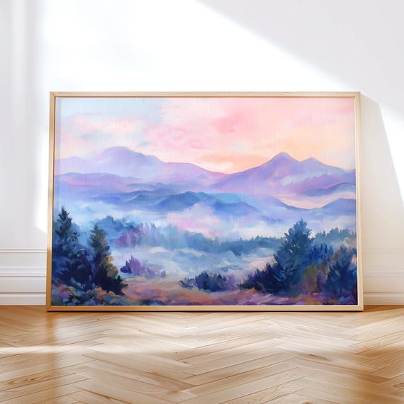 Pastel Mountain Landscape Wall Art Print Misty Blue Pink Sunrise Nature Scene