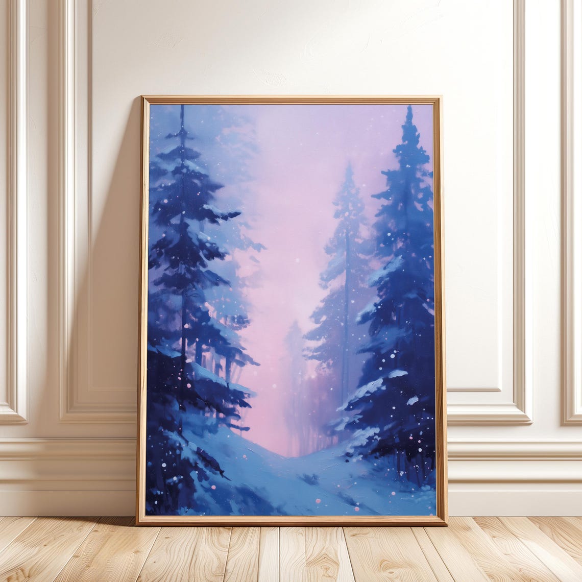 Pink Snow Winter Forest Blue Pine Trees Pastel Landscape Poster