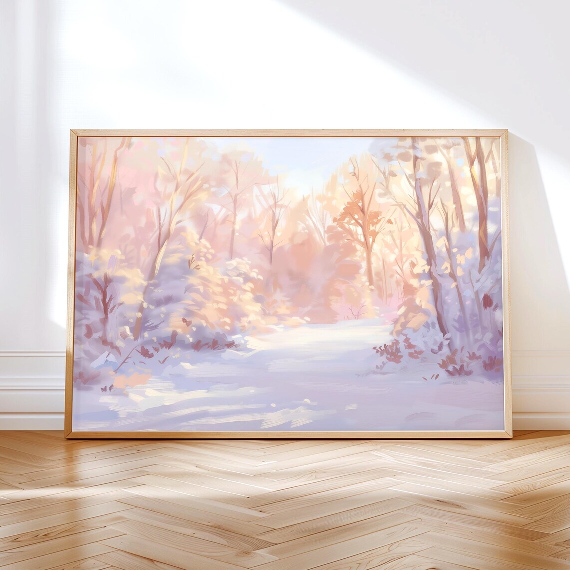 Pastel Winter Forest Painting, Pink Christmas Tree