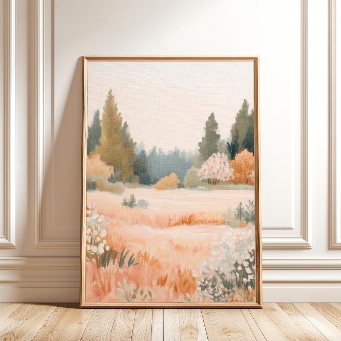 Pastel Autumn Landscape Blush Meadow Soft Trees Painting Wall Art