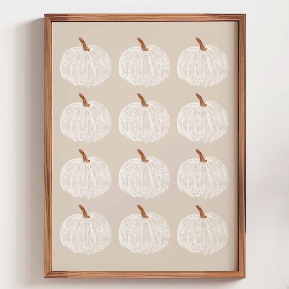White Pumpkins Print Neutral Fall Wall Art Trendy Autumn Poster Cute Seasonal Decor Beige Thanksgiving