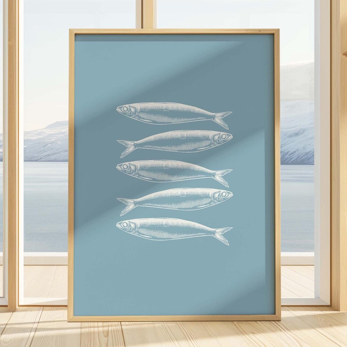 Five Sardines Line Art On Coastal Blue Minimalist Fish Print