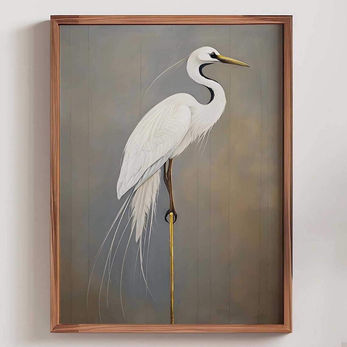 White Egret Waterbird Portrait Painting Print on Muted Gray Backdrop