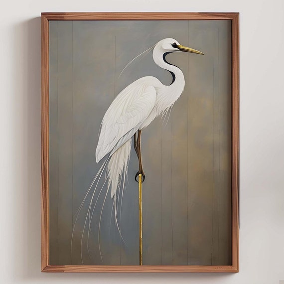Japanese Crane Print Japandi Wall Art Wabi Sabi Antique Neutral Decor Vintage Bird
