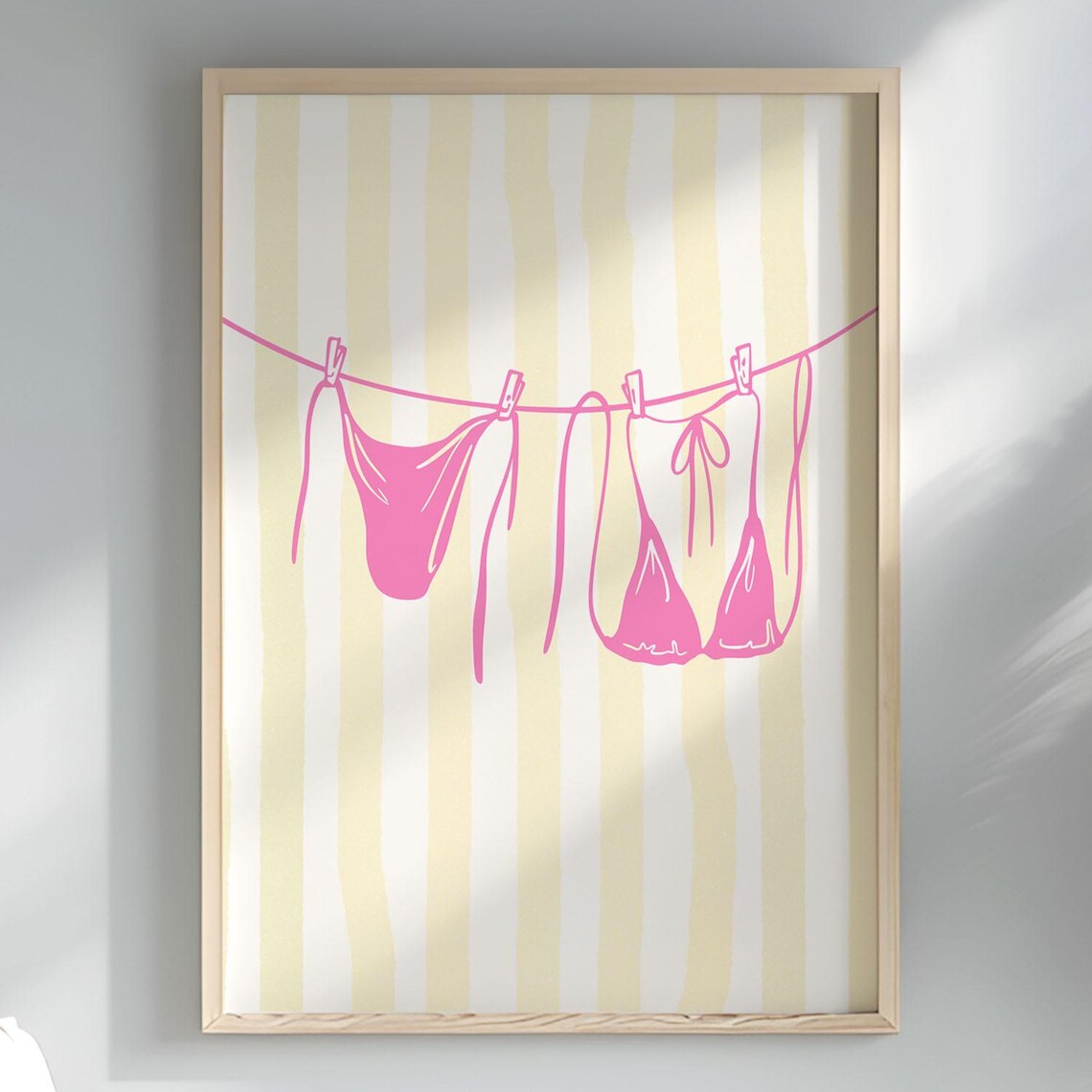Pink Bikini Clothesline Yellow Striped Trendy Girly Summer Poster
