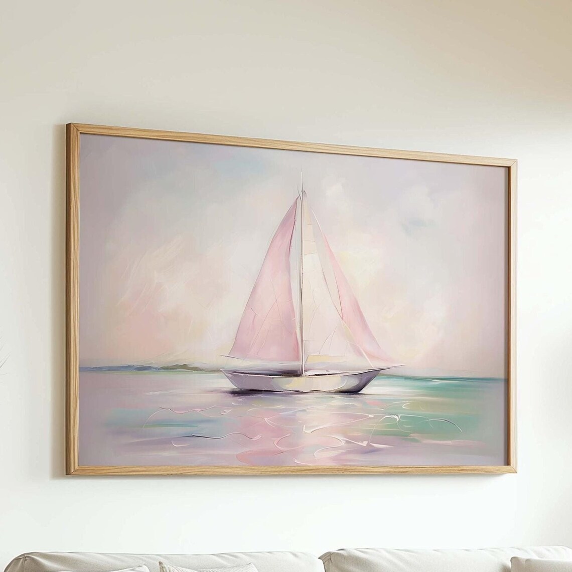 Pink Sailboat Pastel Ocean Sunset Calm Sea Serene Nautical Print