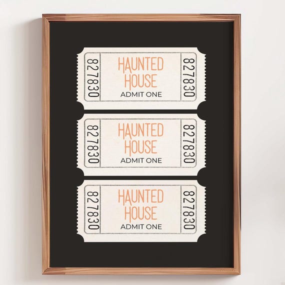 Haunted House Ticket Print Halloween Trendy Wall Art Black Orange Seasonal Dorm Room Decor College Apartment