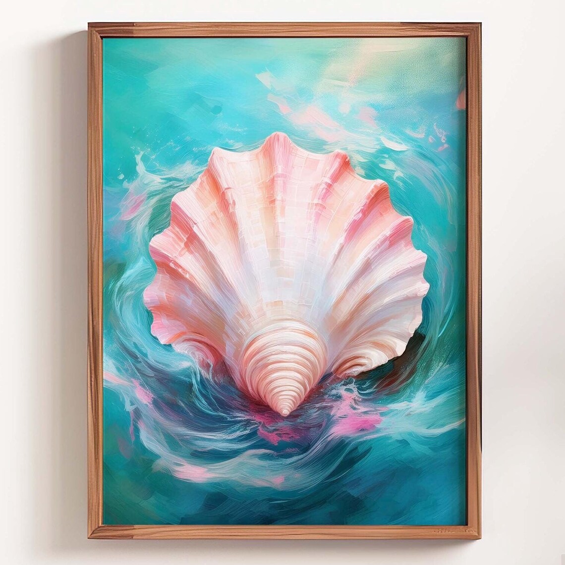 Pink Scallop Shell On Turquoise Ocean Waves Coastal Painting Poster
