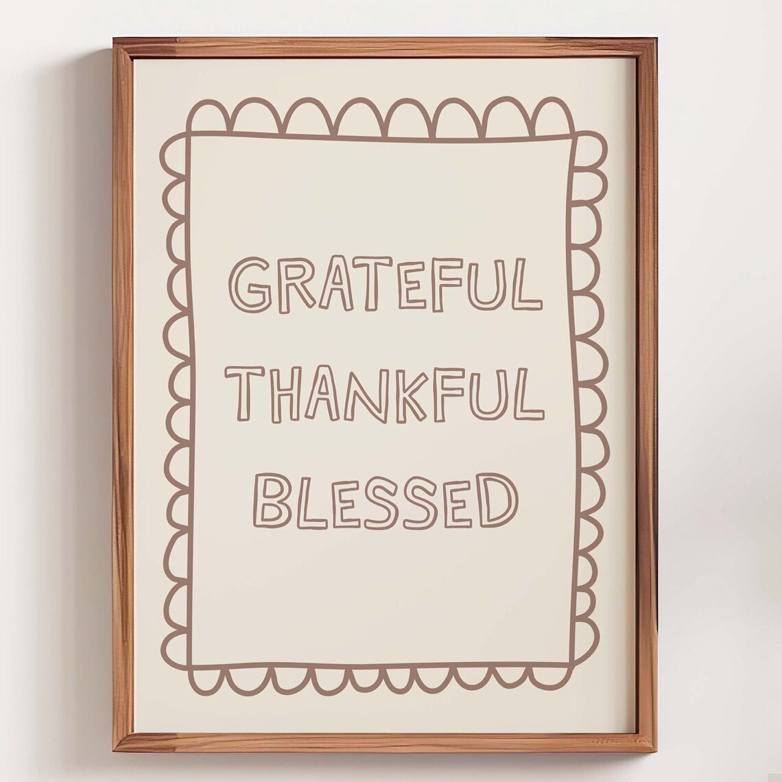 Grateful Thankful Blessed Quote Neutral Beige Scalloped Frame Wall Art
