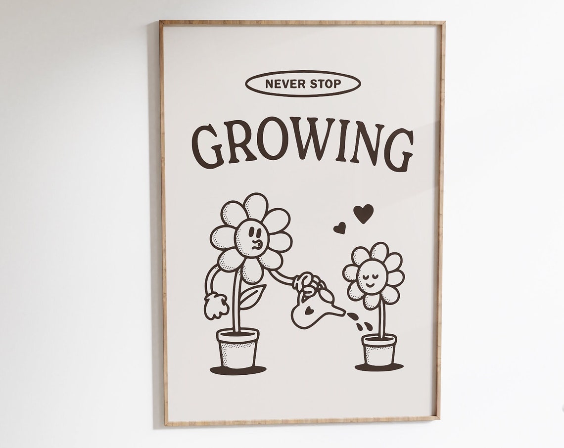 Never Stop Growing Print Personal Growth Poster Retro Black And White Wall Art Positive Quote Trendy Decor Prints - Image 7