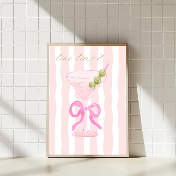 Tini Time Pink Stripe Cocktail Art Print