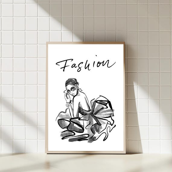 Fashion Illustration Print Black White Sketch Stylish Woman