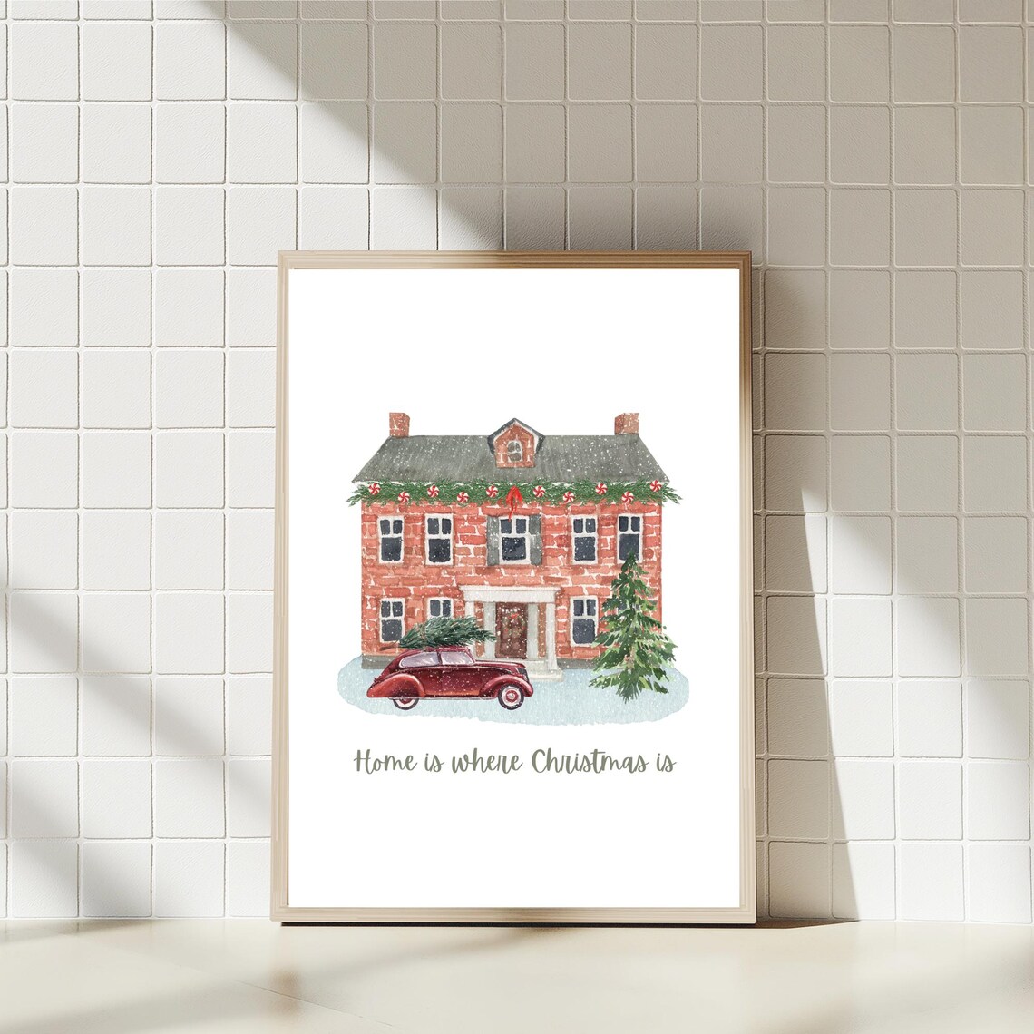 Red Brick House Christmas Art, Holiday Car Tree Print