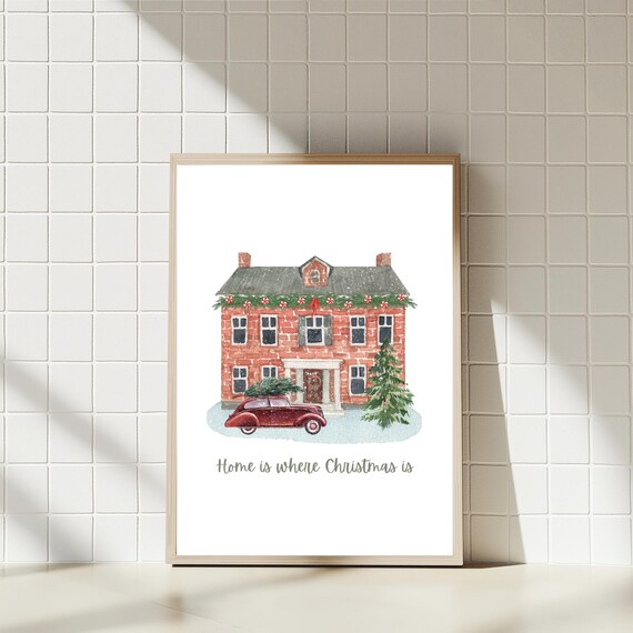 Red Brick House Christmas Art, Holiday Car Tree Print