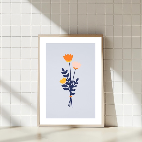Baby Blue Floral Bouquet Minimalist Botanical Art Print Decor