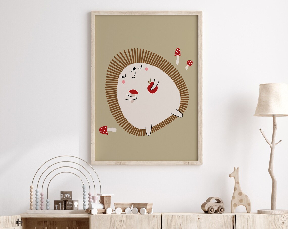 Cute Hedgehog Nursery Wall Art Woodland Baby Animal Mushroom Kids Room - Image 3