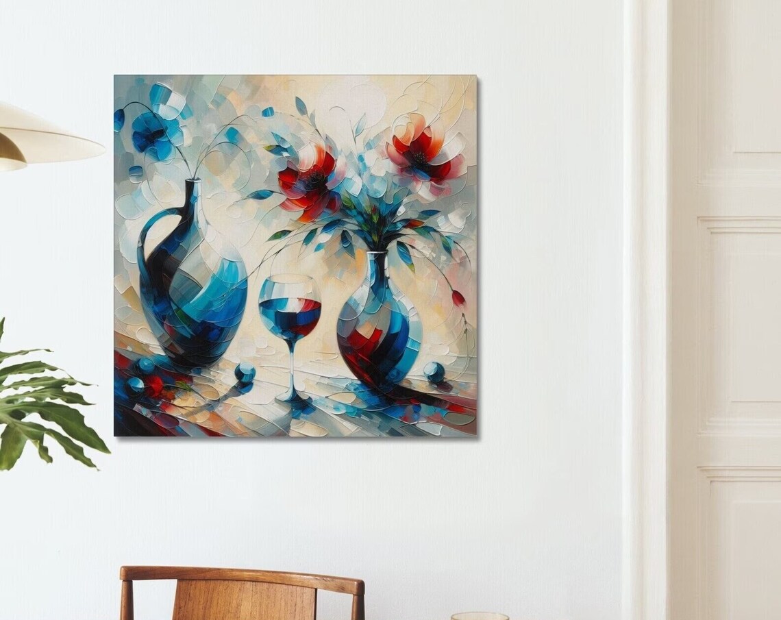 Abstract Wine Glass Flowers Blue Vase Impasto Modern Still Life Poster