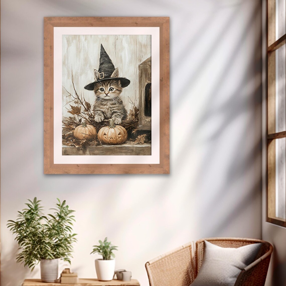 Halloween Kitten Witch Hat Jack O Lanterns Vintage Sepia Cat Art Poster - Image 2