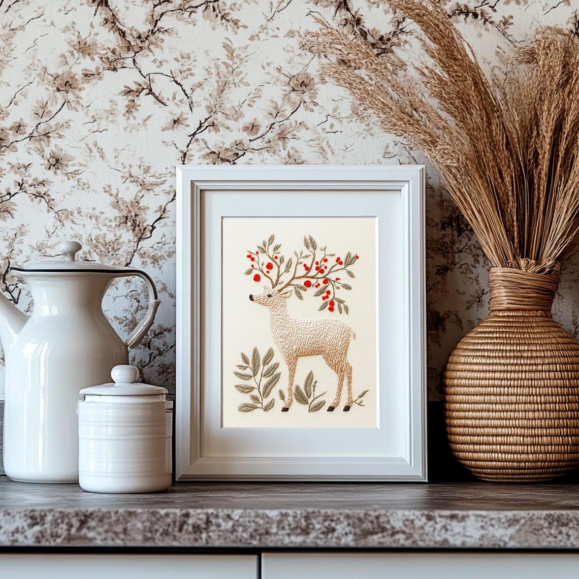 Embroidered White Deer Berry Antlers Winter Folk Textured Art Poster - Image 4