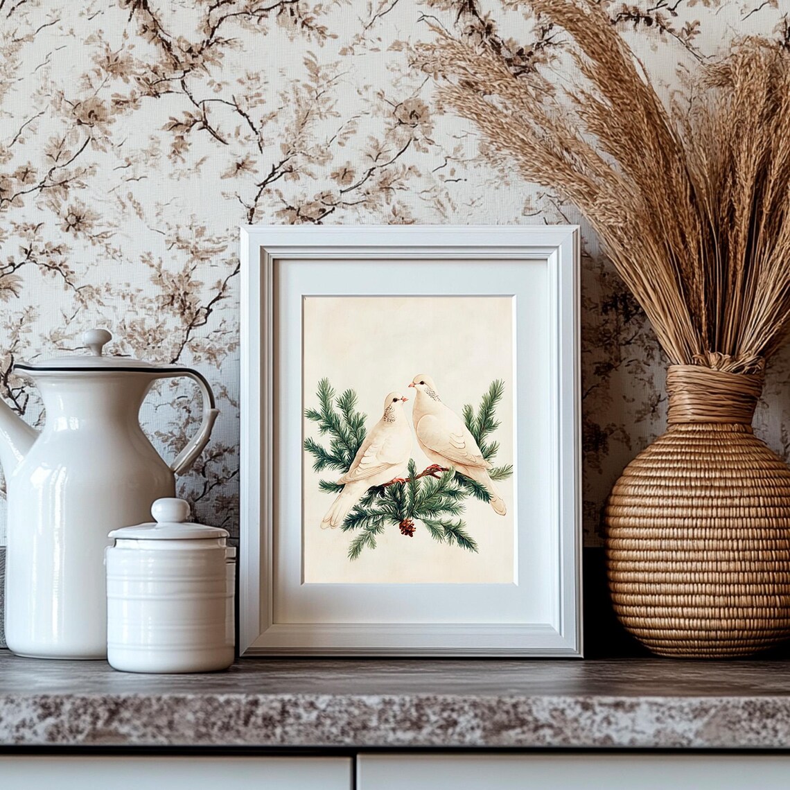 White Doves Pine Branch Elegant Christmas Bird Watercolor Art Print - Image 4