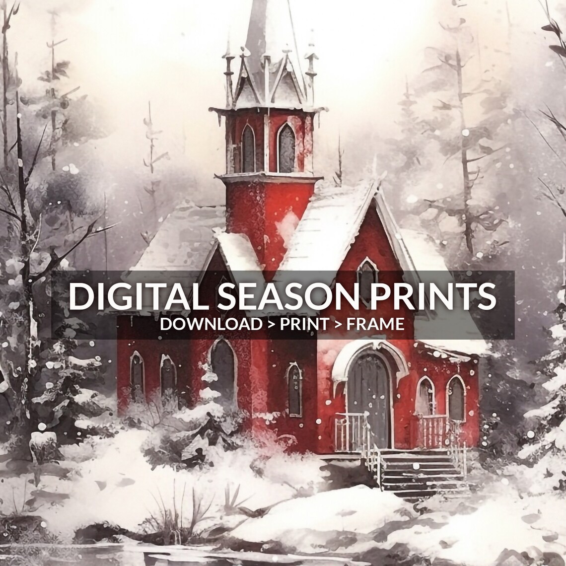 Red Church Steeple Snowy Woods Winter Chapel Scene Holiday Wall Art - Image 6